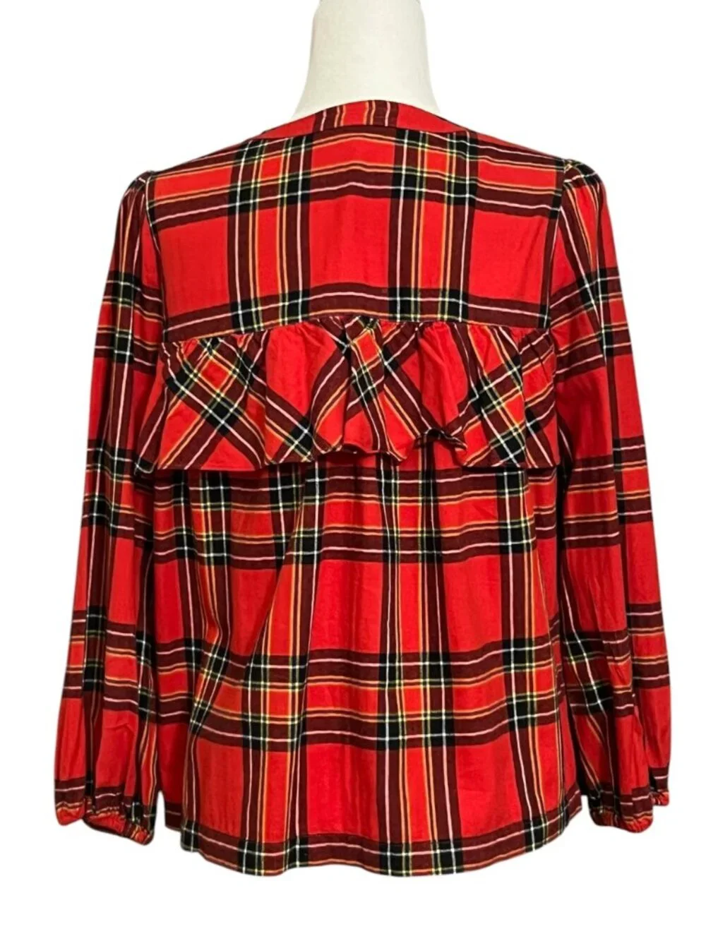 J.Crew Women's Blouse S Red Plaid Tartan Ruffle Neck Long Sleeve Cotton Holiday